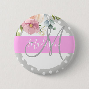 Badge Rond 5 Cm Chic & Girl Floral White Pink Gray Nom du monogram