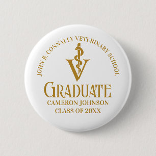 Badge Rond 5 Cm Chic Gold Vétérinaire École Diplômée Personnalisée