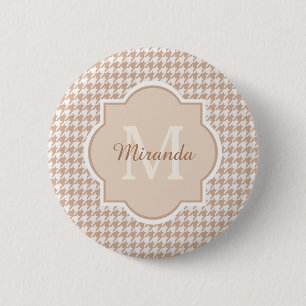 Badge Rond 5 Cm Chic Monogramme Houndstooth Brown Avec Nom