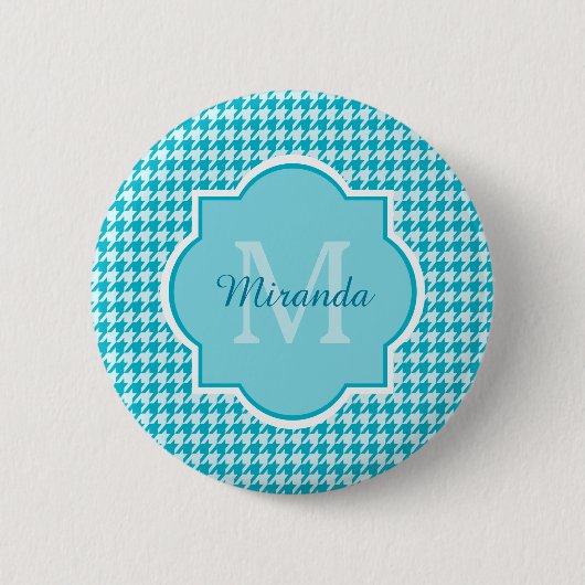 Badge Rond 5 Cm Chic Monogramme Turquoise Houndstooth Avec Nom (Devant)