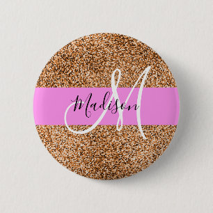 Badge Rond 5 Cm Chic Rose & Citrouille Paillettes Monogramme Nom
