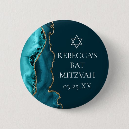 Badge Rond 5 Cm Chic Turquoise Gold Agate Bat mitzvah Party (Devant)
