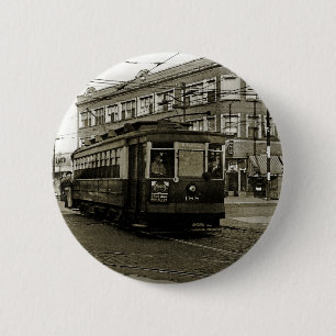 BADGE ROND 5 CM CHICAGO 63E ET OCCIDENTALE 1952 TROLLEY ART SEPIA