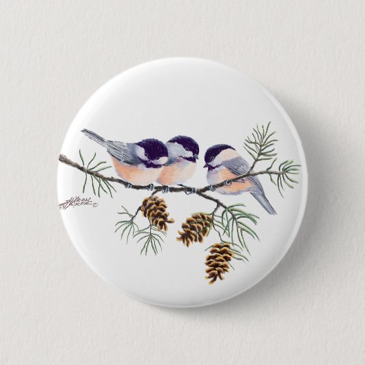 Badge Rond 5 Cm CHICKADEES et PINECONES par SHARON SHARPE (Devant)