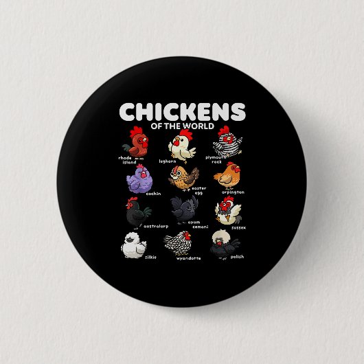 Badge Rond 5 Cm Chickens Of The World Funny Cartoon Chicken Breeds (Devant)