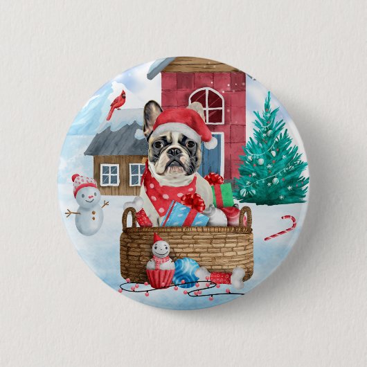 Badge Rond 5 Cm Chien à tête blanche dans la neige Maison de Chien (Devant)