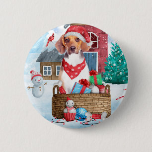 Badge Rond 5 Cm Chien beagle dans la neige Maison de Chien de Noël