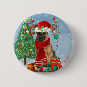 Badge Rond 5 Cm Chien berger allemand en neige avec cadeaux de Noë