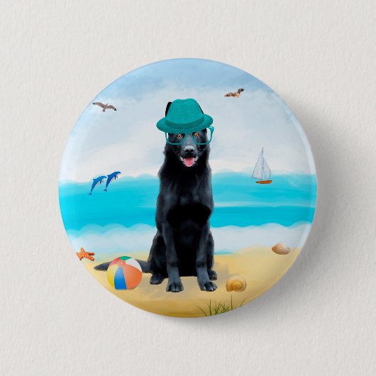 Badge Rond 5 Cm Chien berger allemand noir sur la plage (Devant)
