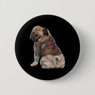 Badge Rond 5 Cm Chien carlin Avec Dragon Japonais Traditionnel Tat