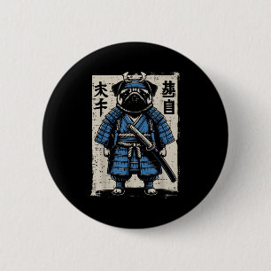 Badge Rond 5 Cm Chien Carlin Samurai Funny Japonais Guerrier Art H