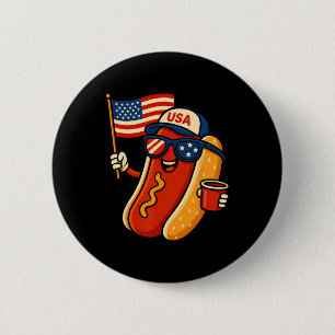 Badge Rond 5 Cm Chien Chaud 4 Juillet Drôle Patriotique Drapeau Us