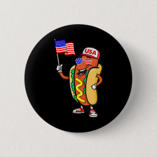 Badge Rond 5 Cm Chien Chaud Patriotique Drapeau Américain Usa Drôl