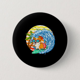 Badge Rond 5 Cm Chien Corgi Drôle Surfant Surfeur Plage Hawaï Été