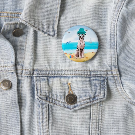 Badge Rond 5 Cm Chien Dalmation sur la plage (En situation)