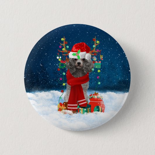 Badge Rond 5 Cm Chien de caniche avec cadeaux de Noël  (Devant)