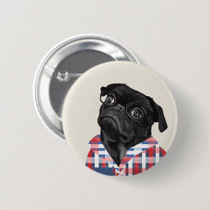 Badge Rond 5 Cm Chien De Carlin Noir Avec Lunettes Et Chemise