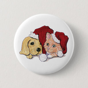 Badge Rond 5 Cm Chien de Labrador de Noël mignon et chat tigré ora