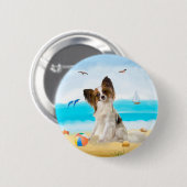 Badge Rond 5 Cm Chien de Papillon sur la plage (Devant & derrière)