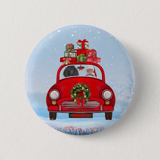 Badge Rond 5 Cm Chien De Poiche En Voiture Avec Le Père Noël (Devant)