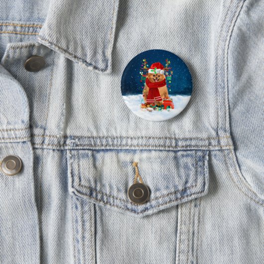 Badge Rond 5 Cm Chien de Poméranie avec cadeaux de Noël (En situation)