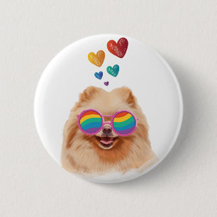 Badge Rond 5 Cm Chien de Poméranie avec Coeurs Saint Valentin
