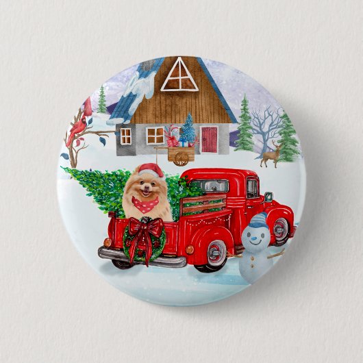 Badge Rond 5 Cm Chien de Poméranie en livraison de Noël Camion Nei (Devant)