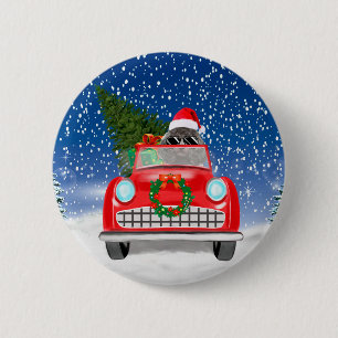 Badge Rond 5 Cm Chien De Poodle Voiture De Conduite En Neige Noël