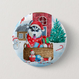 Badge Rond 5 Cm Chien de Sibérie Husky dans la neige Maison de Chi