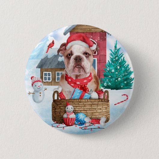 Badge Rond 5 Cm Chien de taureau anglais dans la neige Maison de C (Devant)