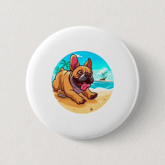 Badge Rond 5 Cm Chien de taureau français sur une plage (Devant)