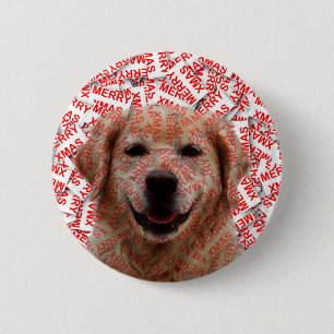 Badge Rond 5 Cm Chien d'or de rétritrice souriant de Noël
