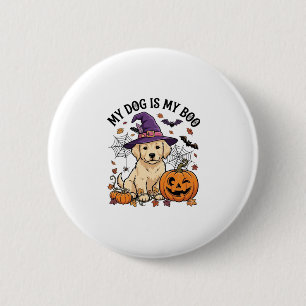 Badge Rond 5 Cm Chien est Boo Halloween Sorcière Chiot Citrouille_