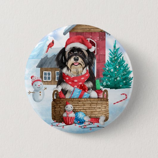 Badge Rond 5 Cm Chien Havanais dans la neige Maison de Chien de No (Devant)