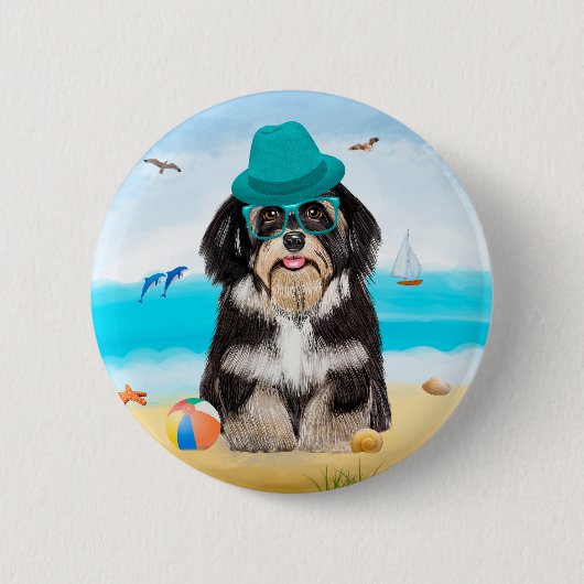 Badge Rond 5 Cm Chien Havanais sur la plage (Devant)