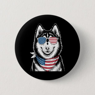 Badge Rond 5 Cm Chien Husky Sibérien Drapeau Usa Sungles Patriotiq