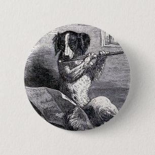 Badge Rond 5 Cm "Chien illustration vintage jouant cannelure"