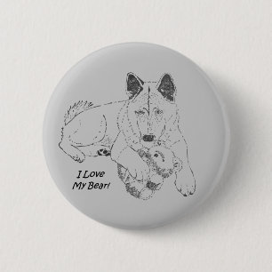 Badge Rond 5 Cm Chien mignon akita et ours en peluche dessinant de