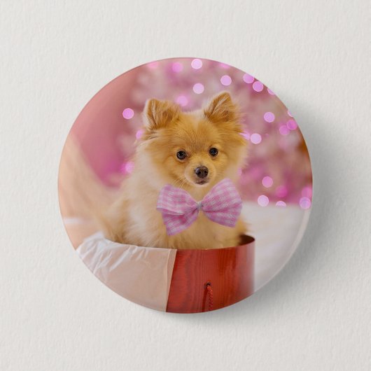 Badge Rond 5 Cm Chien mignon avec cou rose Photographie de Noël (Devant)