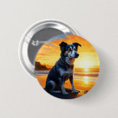 Badge Rond 5 Cm Chien mignon sur la plage au coucher du soleil (Devant & derrière)