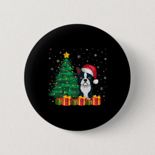Badge Rond 5 Cm Chien moche Boston Terrier Santa Hat Noël Lumières