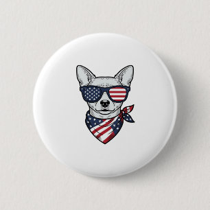 Badge Rond 5 Cm Chien Patriotique avec Lunettes de Soleil Drapeau