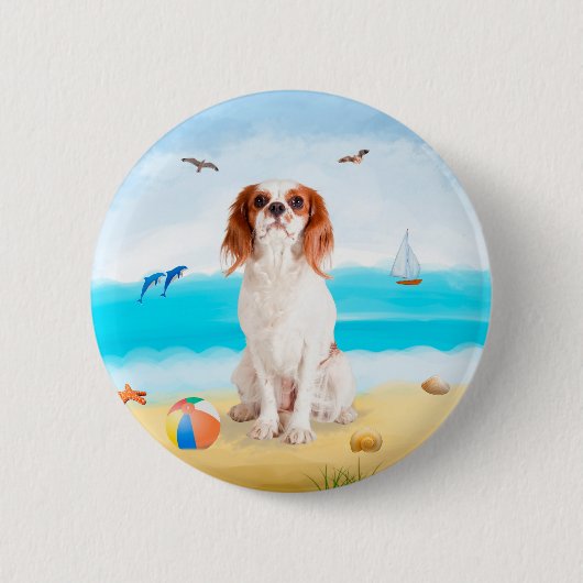 Badge Rond 5 Cm Chien roi cavalier sur la plage (Devant)