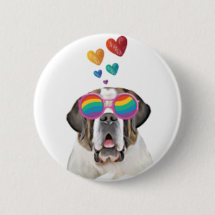 Badge Rond 5 Cm Chien Saint-Bernard avec coeurs Saint-Valentin