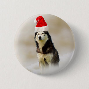 Badge Rond 5 Cm Chien sibérien Husky avec chapeau de Santa Hat en 