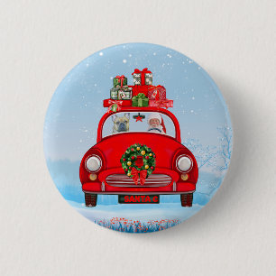 Badge Rond 5 Cm Chien-taureau français en voiture avec le Père Noë