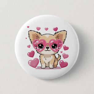 Badge Rond 5 Cm Chihuahua aux lunettes en forme de cœur Thème d'am