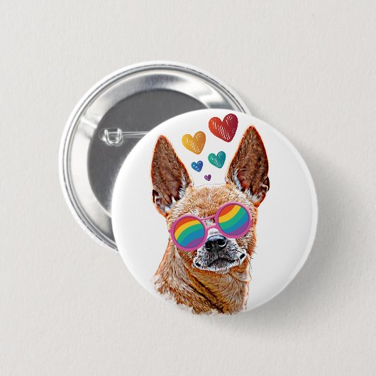 Badge Rond 5 Cm Chihuahua Chien avec Coeurs Saint Valentin (Devant & derrière)