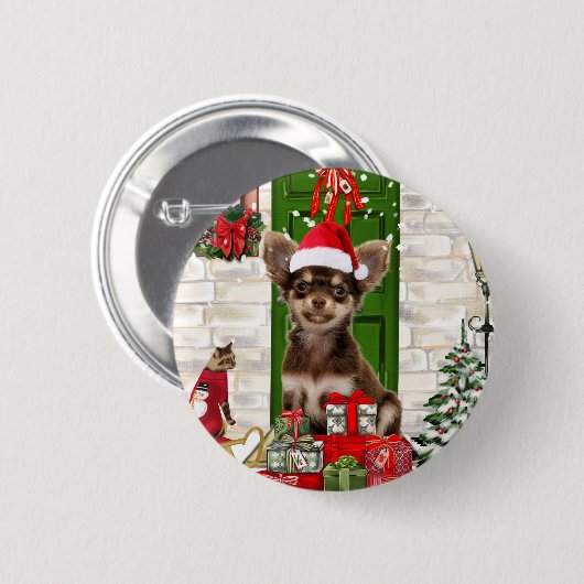 Badge Rond 5 Cm Chihuahua Chien Noël (Devant & derrière)