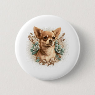 Badge Rond 5 Cm Chihuahua mignon chien de belles fleurs fille